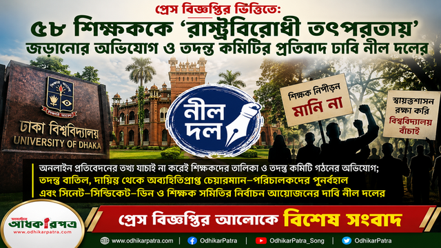৫৮ শিক্ষককে ‘রাষ্ট্রবিরোধী তৎপরতায়’ জড়ানোর অভিযোগ ও তদন্ত কমিটির প্রতিবাদ ঢাবি নীল দলের