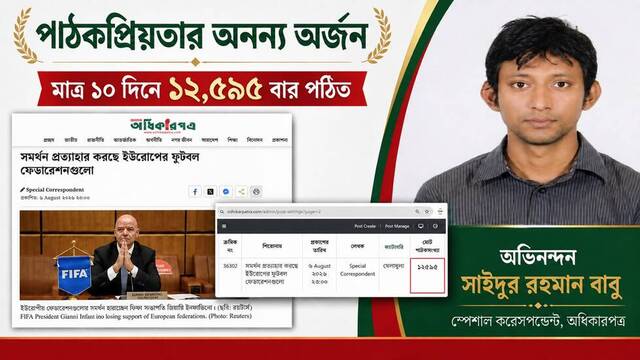 পাঠকপ্রিয়তার অনন্য অর্জন: মাত্র ১০ দিনে ১২,৫৯৫ বার পঠিত: অধিকারপত্রের স্পেশাল করেসপন্ডেন্ট সাইদুর রহমান বাবুকে অভিনন্দন