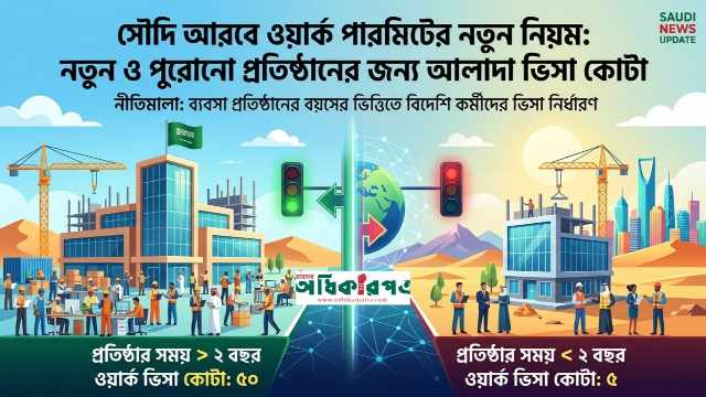 সৌদি আরবে ওয়ার্ক ভিসায় নতুন নিয়ম: প্রতিষ্ঠানের বয়সের ওপর নির্ভর করবে বিদেশি কর্মীর কোটা